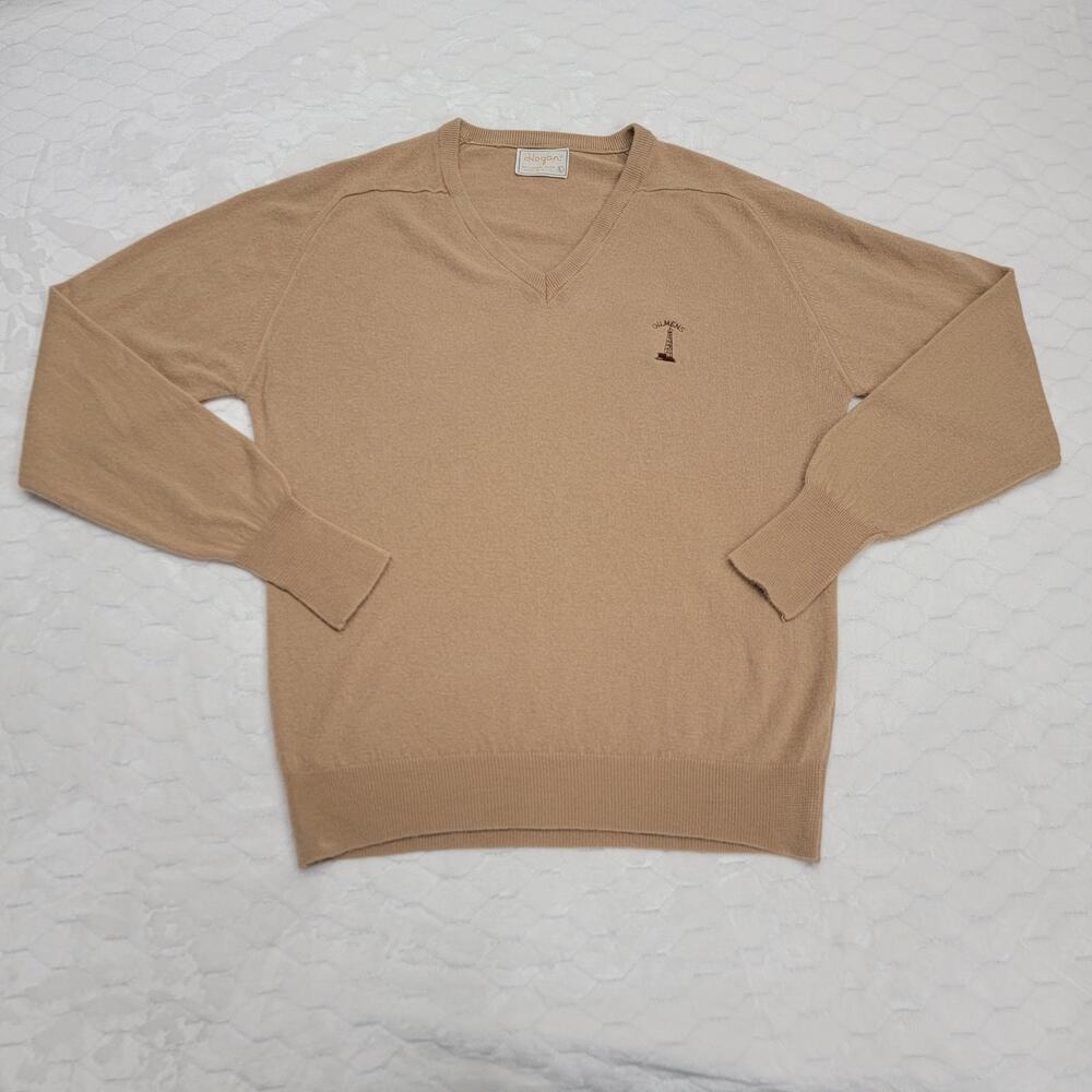 Vintage Hogan V-Neck Sweater Mens L Tan Acrylic Orlon Oilmens Made in USA 70s